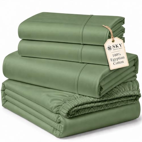 "SKY BEDDINGS Queen Size Sheet Set - 100% Egyptian Cotton - 600 Therad Count Queen Bed Sheets Set with 16"" Deep Pocket - 4 Piece Luxury Sheets Queen Size - Soft, Cooling Sateen Weave - Sage Green"