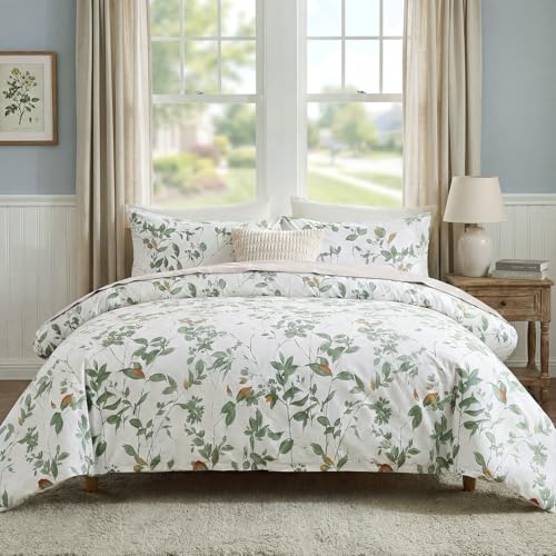 Cozaline Floral Comforter Set Queen Size 100% Cotton Comforter Green Floral Bedding Comforter Set 3 Pcs Ultra Soft and Easy Care Reversible Lightweight Bedding Sets