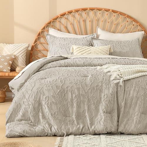 Litanika California King Comforter Set, 3PCS Oatmeal Boho Tufted Bedding - Fluffy Farmhouse Bed Set for All Seasons with 2 Leaf Pattern Pillowcases (104x96In)