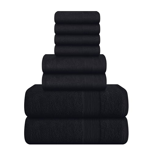 Elvana Home 8 Piece Set 100% Ring Spun Cotton, 2 Bath Towels 27x54, 2 Hand Towels 16x28 and 4 Washcloths 13x13 - Ultra Soft Highly Absorbent Machine Washable Hotel Spa Quality - Black
