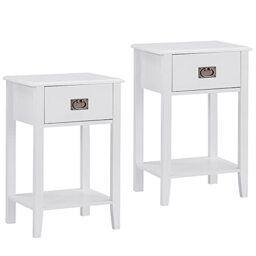VECELO Nightstands Set of 2 End/Side Tables for Living Room Bedside with One Drawer, Vintage Accent Furniture for Small Space, Solid Wood Legs, White, Engineered, 40×30×60 cm