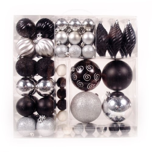 WeRChristmas 75-Piece Deluxe Variety Christmas Tree Baubles Decoration Pack, Black/Silver