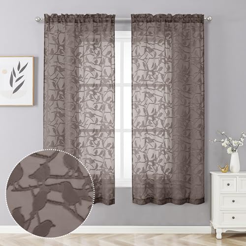 OVZME Brown Sheer Curtains 63 Inch Length 2 Panel Set, Light Filtering Bedroom Curtains with Dual Rod Pocket Top, Leaf Bird Clip Jacquard Sheer Farmhouse Window Drapes for Living Room, 2x38Wx63L
