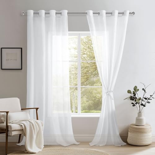 DWCN Sheer Voile Curtain with Eyelets Short Sheer Curtains White Curtain Transparent White 240 x 132 cm (H x W)