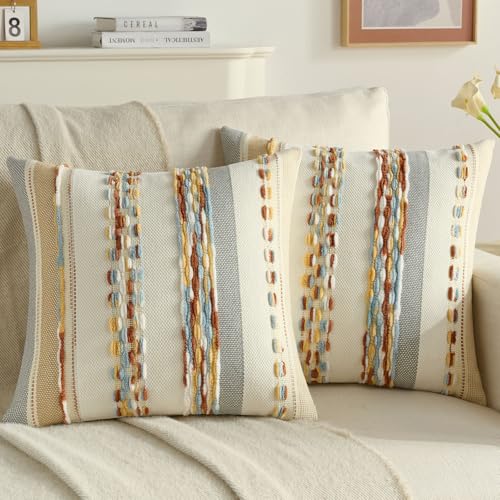 FUTEI Blue Yellow Brown White Boho Throw Pillow Covers 20x20 Inch Set of 2, Modern Tufted Striped Textured Accent Cushion Case,Farmhouse Pillows for Couch Bed