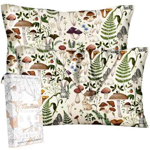 Miss Adola Silk Pillow Cases 2 Pack - Standard Size 20 x 26 Inch Mulberry Silky Pillowcase for Hair and Skin Soft Cute Aesthetic Bed Sleeping Pillow Cover with Zipper for Women, Rabbit Mushroom