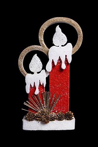 41Cm Christmas Pre Lit Twin Candles Battery Operated Glitter Foam Snow Covered Finish Table Decoration Red