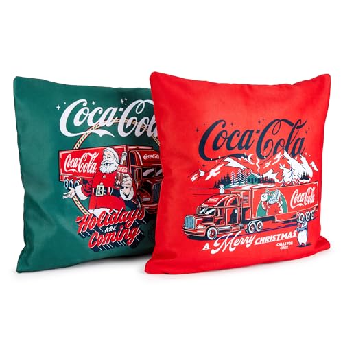 The Gift Scholars Coca-Cola Officially Licensed Christmas & Xmas Twin Pack Cushion Covers – Dual-Sided Red & Green Festive Set with Santa and Truck Graphics – 40x40cm with Zipper