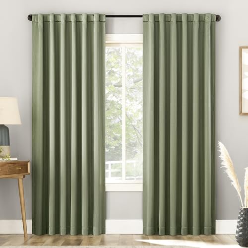 "Sun Zero Belize 2-pack Magnetic Closure Pleated Look Theater Grade 100% Blackout Back Tab Curtain Panel Pair, 52"" x 84"", Sage Green"