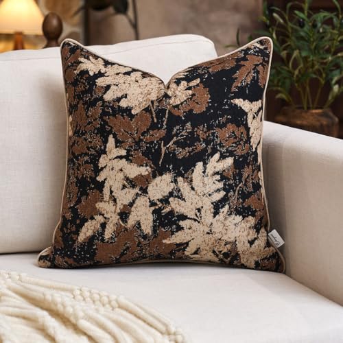 Yangest Neutral Leaf Pillow Cover 18 x18 Inches, Vintage Chenille Square Throw Pillow Cover Soft Leaves Nature Accent Couch Pillow Cover for Living Room Bedroom, Coffee Brown