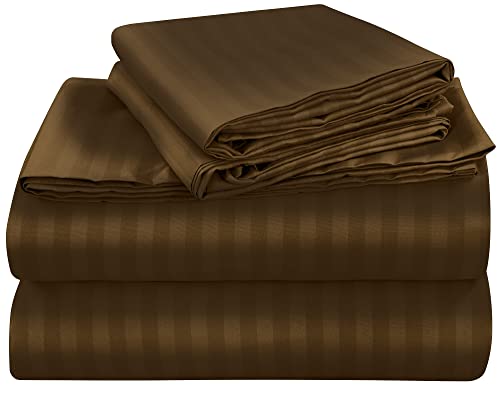 ROYALE LINENS 3 Piece Twin Sheets Set - Soft Brushed Microfiber Bedding - 1 Fitted, 1 Flat Sheet, 1 Pillow case - Wrinkle Free & Fade Resistant - Hotel Luxury Bed Sheets (Stripe Chocolate, Twin)