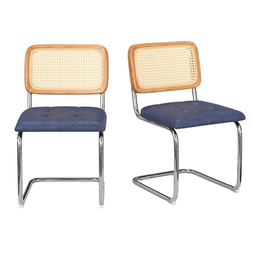 Farini Dining Chairs Set of 4, Rattan Back Kitchen Chairs with Sturdy Metal Legs & PU Upholstered Seats for Dining Room, Kitchen or Home Bar, Royal Blue