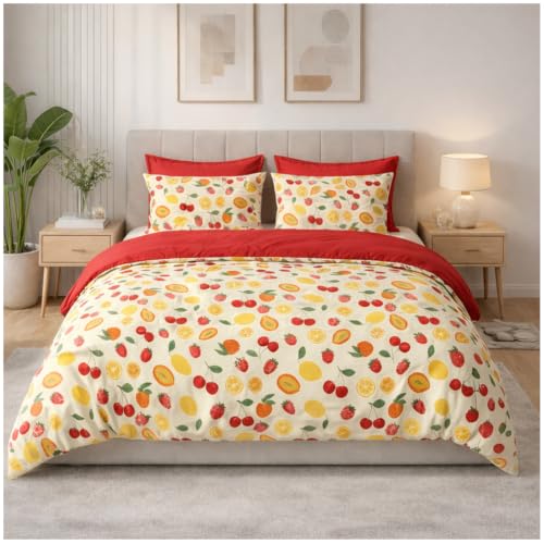 GC GAVENO CAVAILIA Fruits Duvet Cover Single With Pillow Case, Multi - Breathable, Washable Super Soft Single Duvet Cover Set - 2 Piece Bedding Set Reversible Quilt Cover Button Closure, 135x200cm