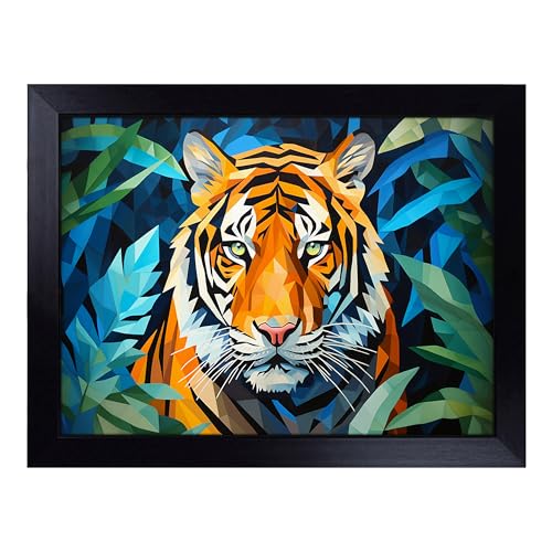 Lap Tray with Bean Bag Cushion, Tiger Geometric - Handmade in the UK, Raised Wooden Edge, Padded Cushion, Heat-Resistant Wipe-Clean Surface, for Meals, Laptops and Crafts
