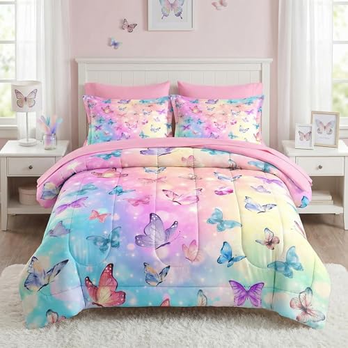 Pamnest Comforter Set Full Size, Pink Blue Butterfly 7 Pcs Bedding for Kids and Adults, Purple Colorful Rainbow Bed Sheet Sets with Fitted Sheet 2 Pillowcases & 2 Shams