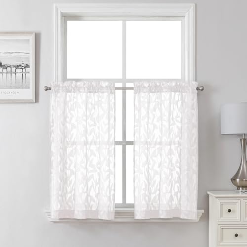 "Lecloud Leia Sheer White Kitchen Curtains 36 Inch Length 2 Pcs, Jacquard Leaf Textured Voile Short Curtain Tiers, Farmhouse Small Curtain for Bedroom Bathroom with Dual Rod Pocket, 30"" W x 36"" L"