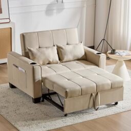Ball & Cast 2 Seater Sofa with Cup Holders, Fabric Pull Out Sofa Bed, Foldable Sofa Couch Chaise Lounge for Living Room/Apartment/Small Space, Beige