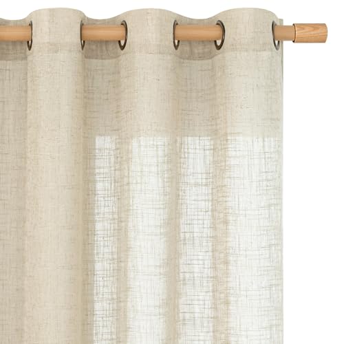 LAMIT Sheer Linen Curtains 90 inch for Living Room, Bronze Grommet Soft Thick Light Filtering Boho Window Textured Semi Sheer Drapes for Bedroom Farmhouse, 2 Panels Set, 52 x 90 Inch, Linen