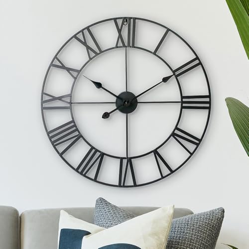 LW Collection Olivier Wall Clock Black 60 cm - Wall Clock Roman Numerals - Industrial Wall Clock Silent Timepiece - Large Wall Clock - Non-Ticking - Silent - Battery Operated - Industrial Design