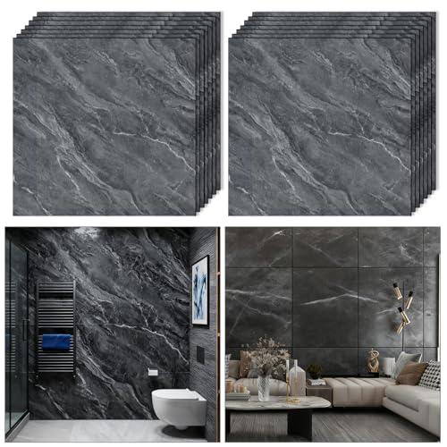 Woobroo 40 Pcs Self-Adhesive Wall Tiles - 30??30cm Waterproof Peel-and-Stick Gray Marble Wall Decals for Bathroom Kitchen Living Room