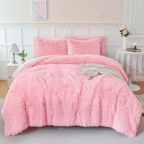 WINLIFE Faux Fur Comforter Set Twin Size Pink 3Pcs Fluffy Furry Shaggy Comforter Set Ultra Soft Long Hair Plush Bedding for Girls (1 Faux Fur Comforter, 2 Faux Fur Pillowcases)