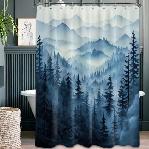 QGHOT Foggy Mountain Shower Curtain, Nature Woodland Forest Cabin Shower Curtains for Bathroom Waterproof Pine Tree Bathroom Decor for Men, Polyester Fabric with Hooks (Blue,60''W x 72''L)