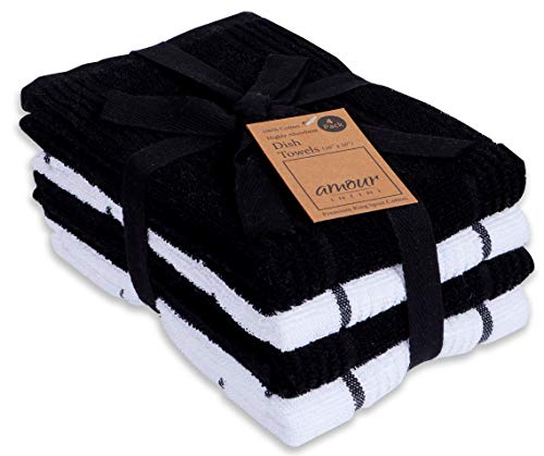 AMOUR INFINI Terry Dish Towel - Set of 4 - 40 x 65 cm - Durable, Soft and Absorbent -100% Cotton Dishtowels - Perfect for Household and Commercial Uses - Black