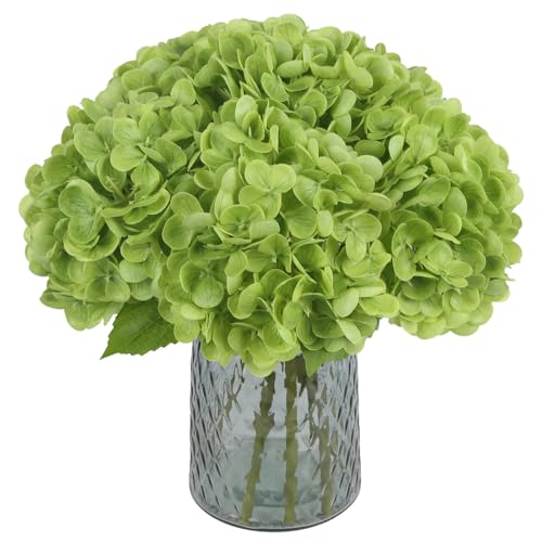 IPOPU 6PCS Real Touch Hydrangea Artificial Flowers Green Full Faux Hydrangea Flowers with Stems Latex Realistic Fake Hydrangeas for Home Table Centerpieces Wedding Bouquets Party Decoration (Green)