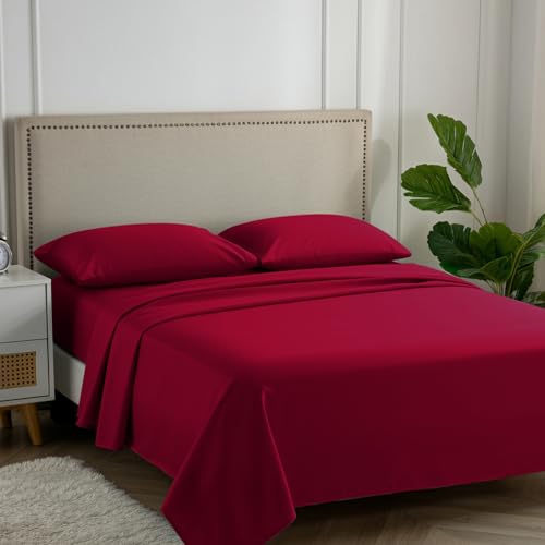 "Carressa Linen 100% Egyptian Cotton Full Size Sheets - 600 Series Hydrangeas Collection Full Size Egyptian Cotton Sheets (4 PC, Red), 16"" Deep Pocket Sateen Weave Luxury Hotel Bed Sheet Set"