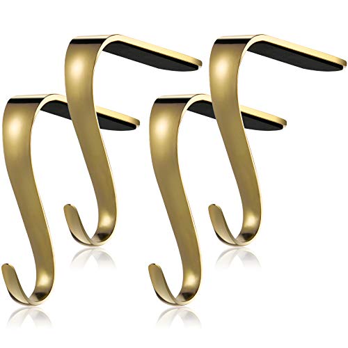 BOAO Christmas Stocking Holders Metal Mantel Stockings Hangers Shelf Fireplace Garland Mantle Grips Set (Gold, 4)