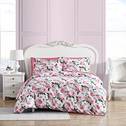 Betsey Johnson - Twin Duvet Cover Set, Reversible Cotton Bedding with Matching Sham & Bonus Throw Pillow, Dorm Essentials (Blooming Roses Pink)