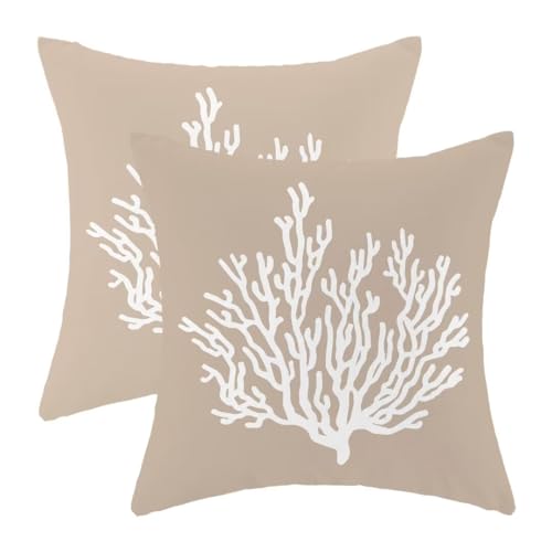 AEIOAE Coastal Ocean Pillow Covers 18 X 18 Inch Set of 2, Nautical Brown Tan Coral Decorative Throw Pillow Covers Pillowcase Linen Beach Theme for Indoor Outdoor Home Sofa Bedroom Living Room