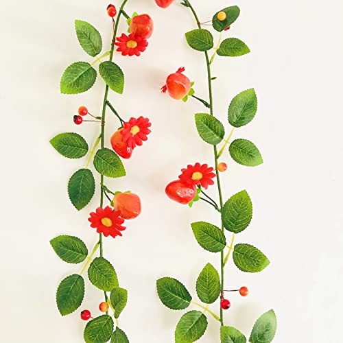 Sezrgiu 2pcs Artificial Flowers Garland Red Strawberry Garland Fake Flower Daisy Green Leaves Vine Greenery Decorative Wall Hanging Plant for Wedding Arch Door Arrangement Party Decor (Red)