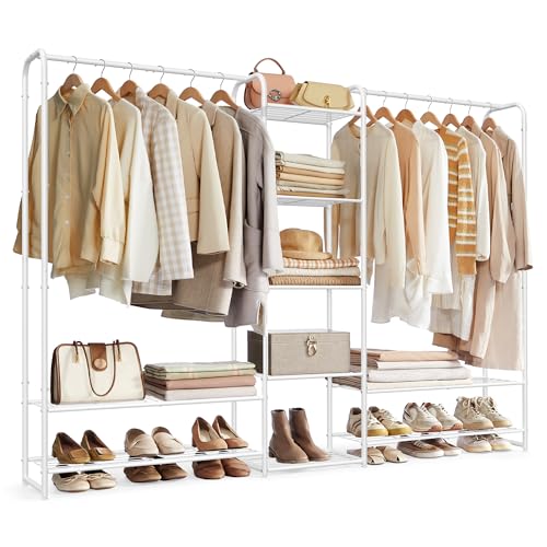 SONGMICS Clothes Rack, Open Wardrobe, Clothes Rail, Coat Rack with Shelves, Metal Wardrobe, Freestanding, 29 x 183 x 158.4 cm, Matte White LGR463W01