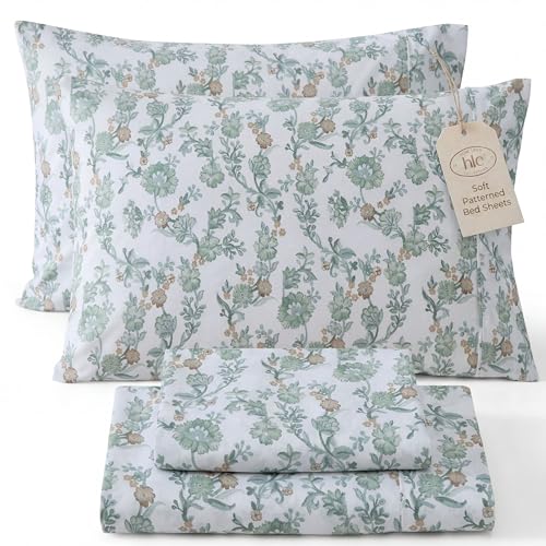 HLC.ME Ditsy Printed Floral Bed Sheets - 3 Piece Patterned Bed Sheet Set - Wrinkle Resistant & Ultra Soft - Fits Mattresses up to 15 Inches Deep (Twin, Green)