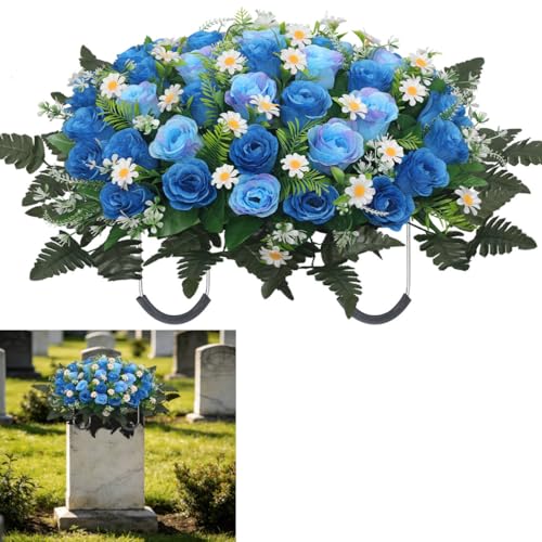Wocst Headstone Flower Saddle,Large Artificial Cemetery Flowers for Grave Artificial Roses Daisy Saddle for Cemetery Headstone (Blue)