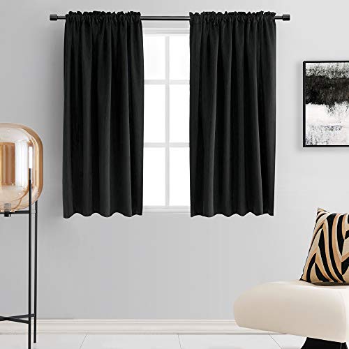 DONREN 99% Blackout Curtain Drapes for Bedroom - Thermal Insulating Rod Pocket Curtain Panels for Small Windows(42 x 45 Inch,Set of 2 Panels,Black)