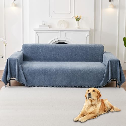 "HAOMAIJIA Non Slip Couch Cover Sofa Covers for 3 Cushion Couch Washable sectional Couch Covers for Dogs pet Furniture Protector Couch Cover Blanket for Living Room (Blue, 91""x134"")"