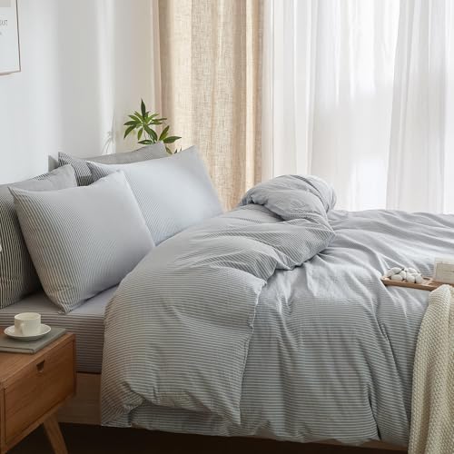 MWL Toy Striped Duvet Cover Set King Size 3 Pcs Breathable Durable 100% Washed Cotton Comforter Cover for All Seasons Chic Linen Like Textured Bedding Set (Light Blue White Pinstripes, King)