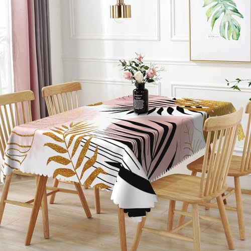 TTQYFNM 54x78inches Mid Century Boho Tablecloth Pink Gold Black Tropical Leaves Modern Minimalist Aesthetic Art Fabric Table Cloth Waterproof Rectangle Table Cover for Kitchen Dining Room Home Decor