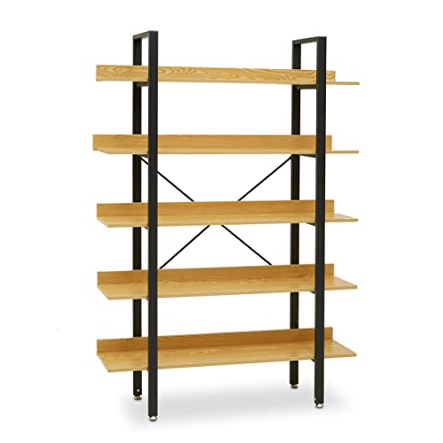 Premier Housewares Versatile 5 Tier Light Yellow Shelves and Black Frame Shelf Unit-Functional Modern Bookcase Shelving For Living Room-Display Unit With Spacious Wooden Shelves