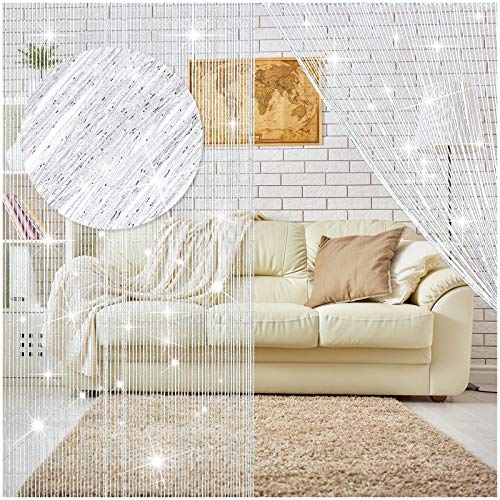 WILLBOND String Curtains Glittery Fringe Curtains for Window, 79 x 39 Inch Door Divider Stripe Tassel for Wedding Living Room Bathroom Cafe White 4 Pack