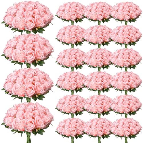 Ovveroche 150 Pcs Artificial Roses Long Stem Silk Flowers Light Pink - Fake Rose Petals Realistic Look Bridal Bouquet Centerpieces Home Party Table Decor Romantic Gift