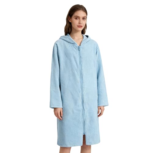 Weecreeture Hooded Towel Poncho Adult Men, Zipper Surf Poncho with Pocket Women, Beach Poncho for Swim Cover Up Bath Changing Robe Light Blue XL