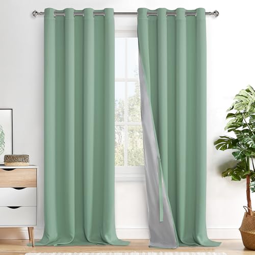 XWZO 100% Blackout Curtains 2 Panels with Tiebacks- Extra Long Heat and Full Light Blocking Window Treatment with Grommets for Bedroom/Nursery, Light Sage, W52 x L108 Inches Long, Set of 2