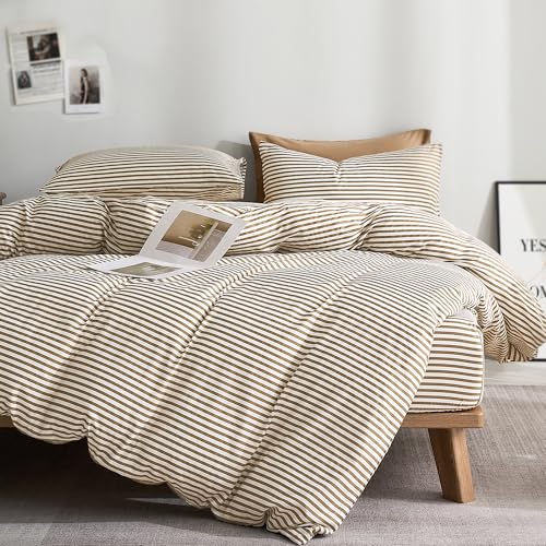JELLYMONI 100% Natural Cotton Stripe Duvet Cover Set, 2 Pieces Khaki Stripe Printed White Duvet Cover with Zipper Closure and Corner Ties (Twin Size)