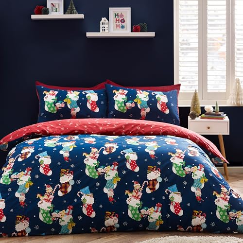 Catherine Lansfield Christmas Elves Cotton Rich Double Duvet Cover Set with Pillowcase Navy Blue