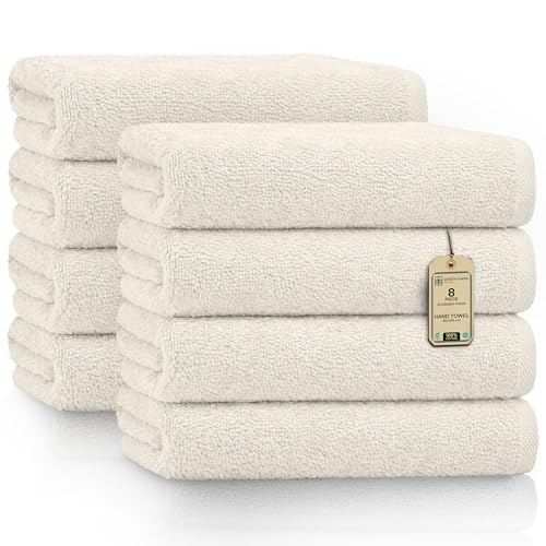 GREEN MARK Hand Towels - Set of 8 – 100% Cotton, Soft & Absorbent, Premium Quality for Bathroom, Spa and Gym, 50 × 100 cm, Natural/Cream