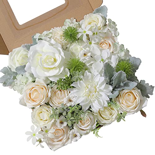 rongflower Artificial Flowers Combo Silk Mix Fake Flowers Leaf for DIY Wedding Bouquets Centerpieces Arrangements Party Baby Shower Home Decorations(Milk White)