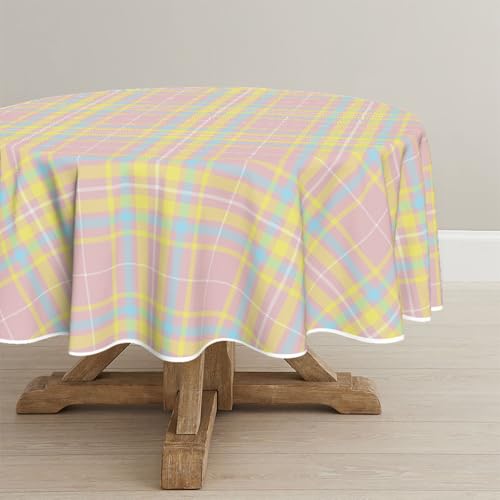 Horaldaily Easter Tablecloth 60 x 60 Inch Round Pink Buffalo Plaid Seasonal - Washable Table Cover for Party Picnic Dinner Decor